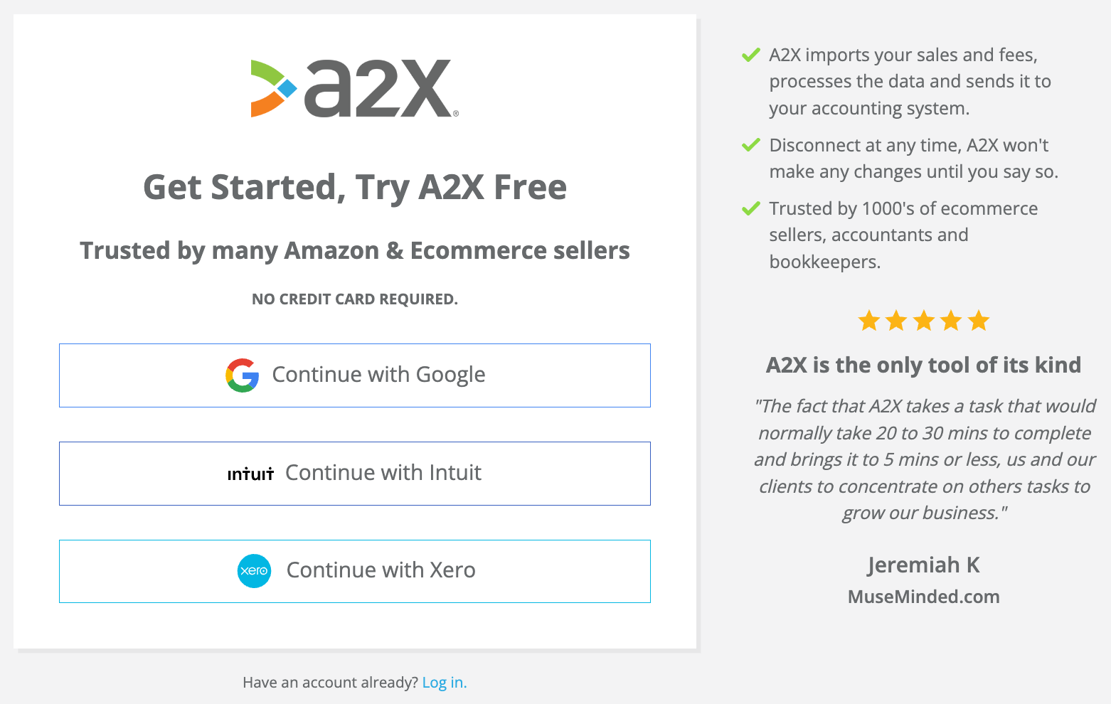 Screenshot of the A2X sign up page with options to log in via Google, Intuit, or Xero