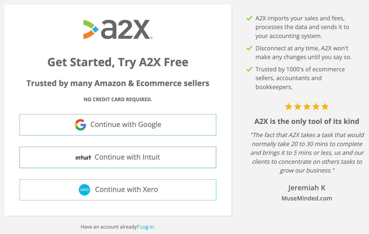 A2X sign up page Screenshot of the A2X sign up page with options to log in via Google, Intuit, or Xero