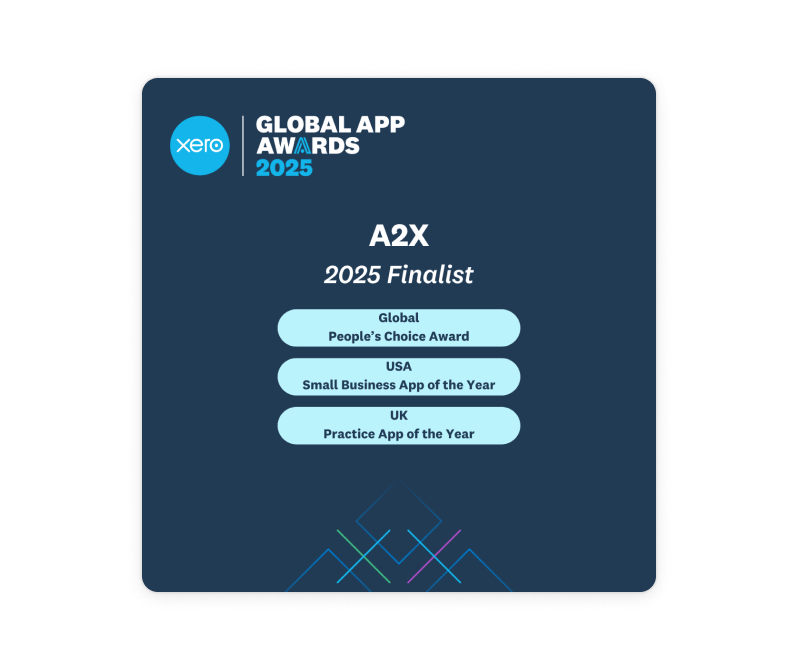 The categories for which A2X is a Xero Award Finalist – People's Choice, Small Business App of the Year, and Practice App of the Year.