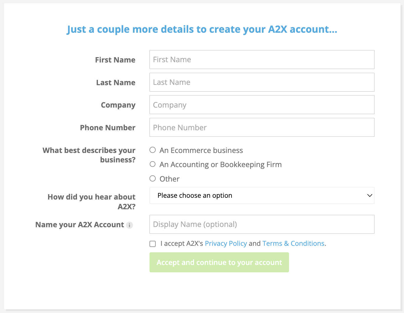 screenshot of the A2X sign up page and details needed, including name, company name, phone number, and description of business
