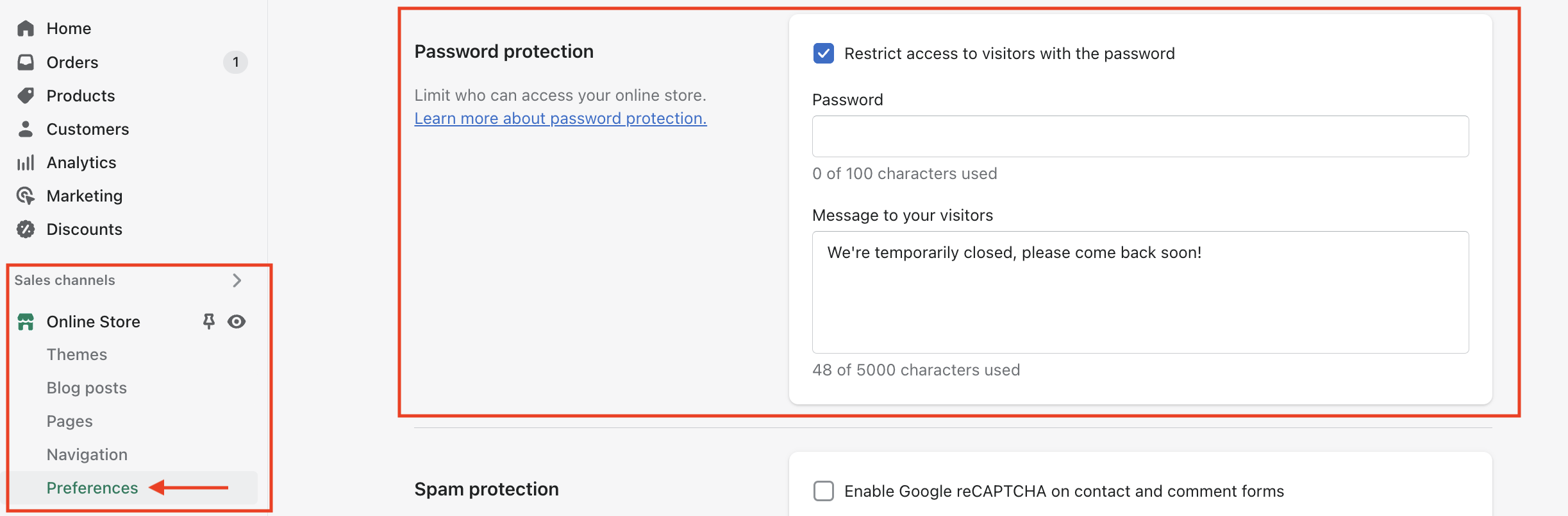 A screenshot of Shopify showing how and where to add a password to your store: Online store > Preferences > Password protection