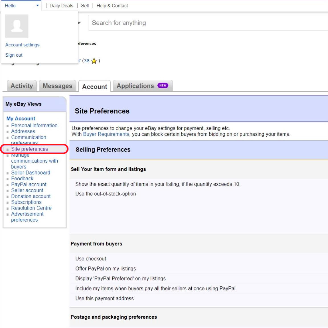 site preferences in ebay seller Screenshot of where to find Site preferences under My Account in ebay