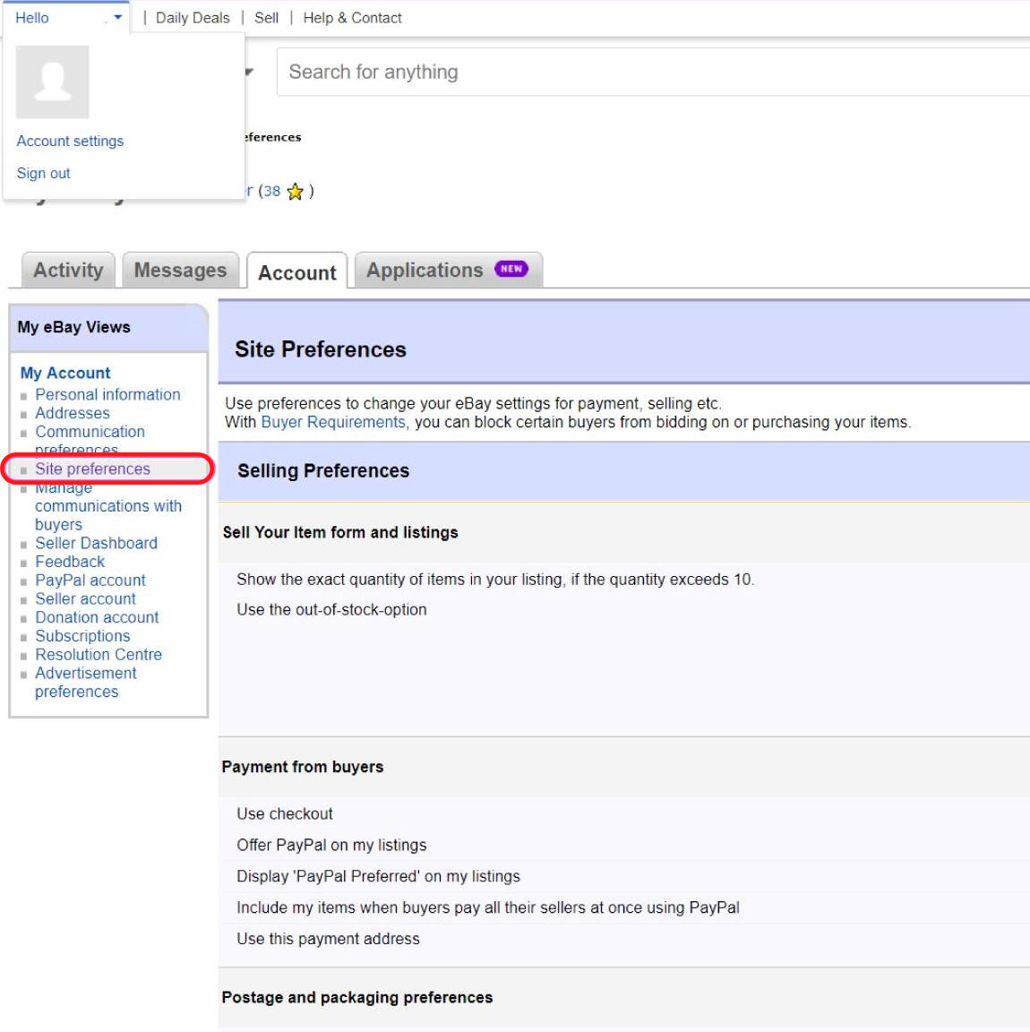 Screenshot of where to find Site preferences under My Account in ebay