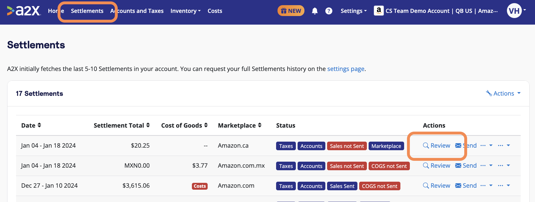 Review Amazon settlements in A2X  before sending to QuickBooks Online