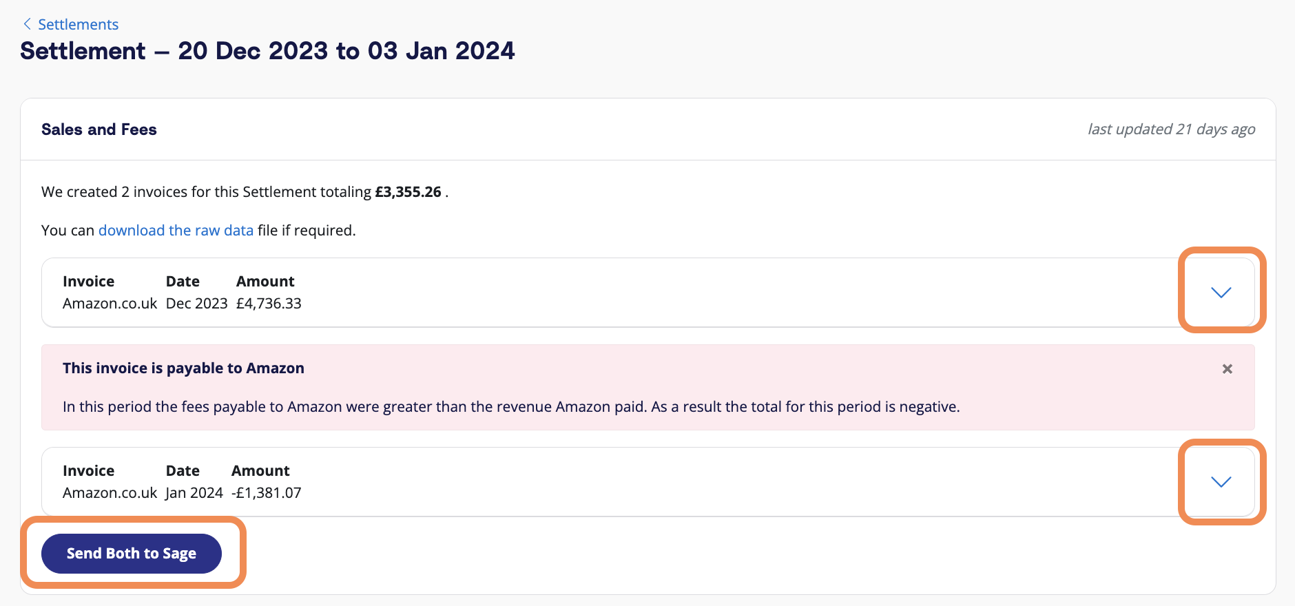 Review a settlement in A2X, then post to Sage Review the transaction details that A2X has coded by clicking the dropdown arrow, then click 'Send to Sage' when ready.
