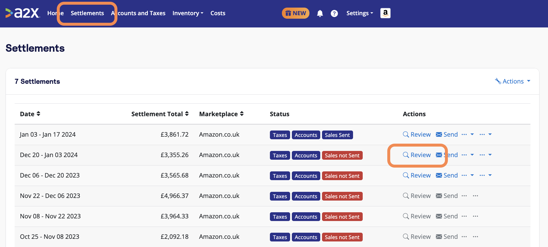 Click on the Settlements tab in A2X to see the Amazon settlements that A2X has fetched. Click 'Review' to see the transactions that make up a settlement.