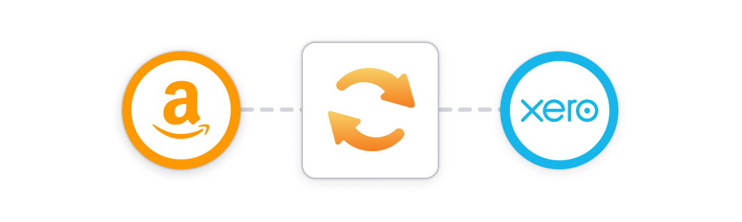 Integrate xero and amazon with a syncing app an illustration showing the Amazon and Xero logos with a syncing app swish in the middle, showing apps can integrate the two