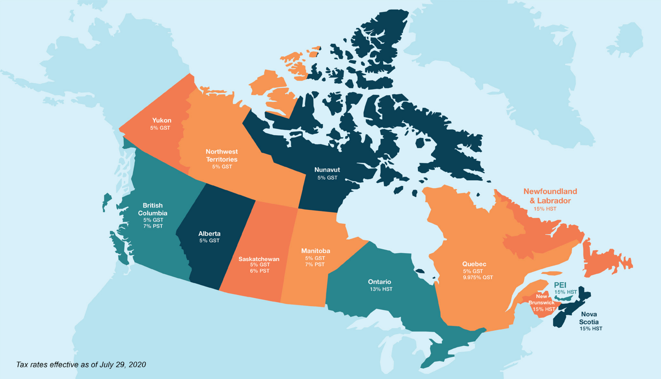 A map of Canada showing all the different sales tax rates by region