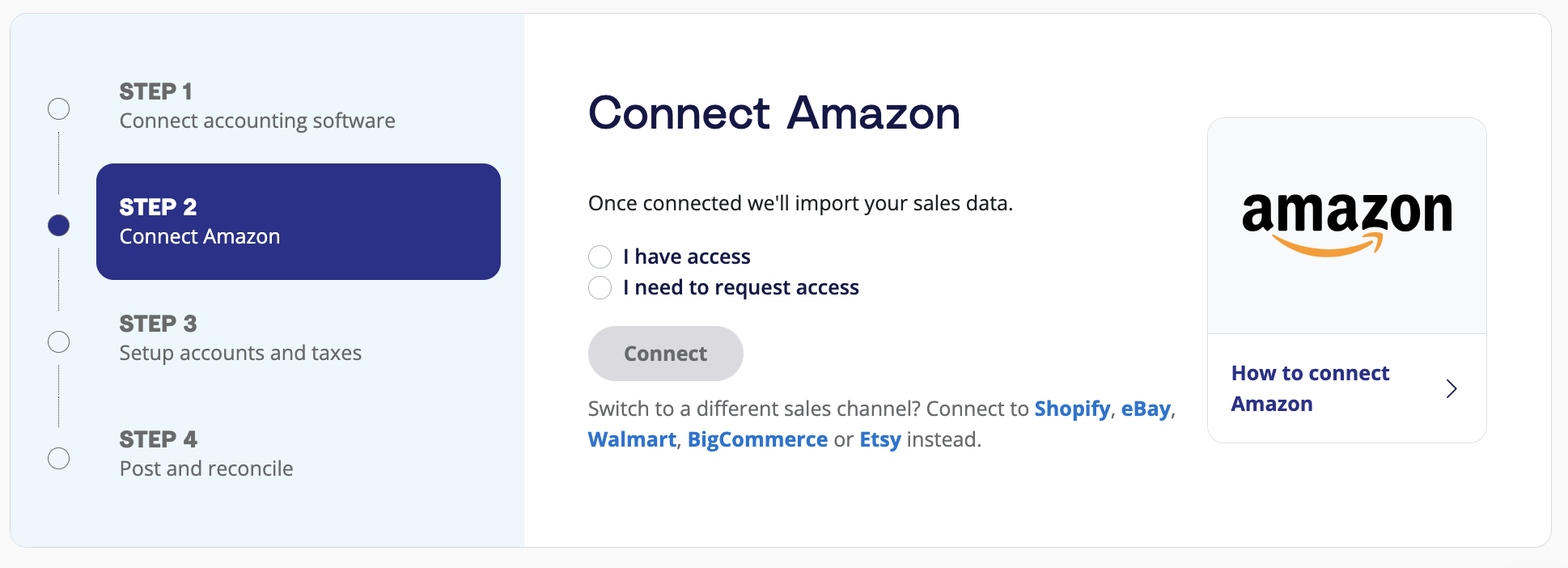 A prompt on the A2X dashboard to connect A2X to Amazon Seller Central.