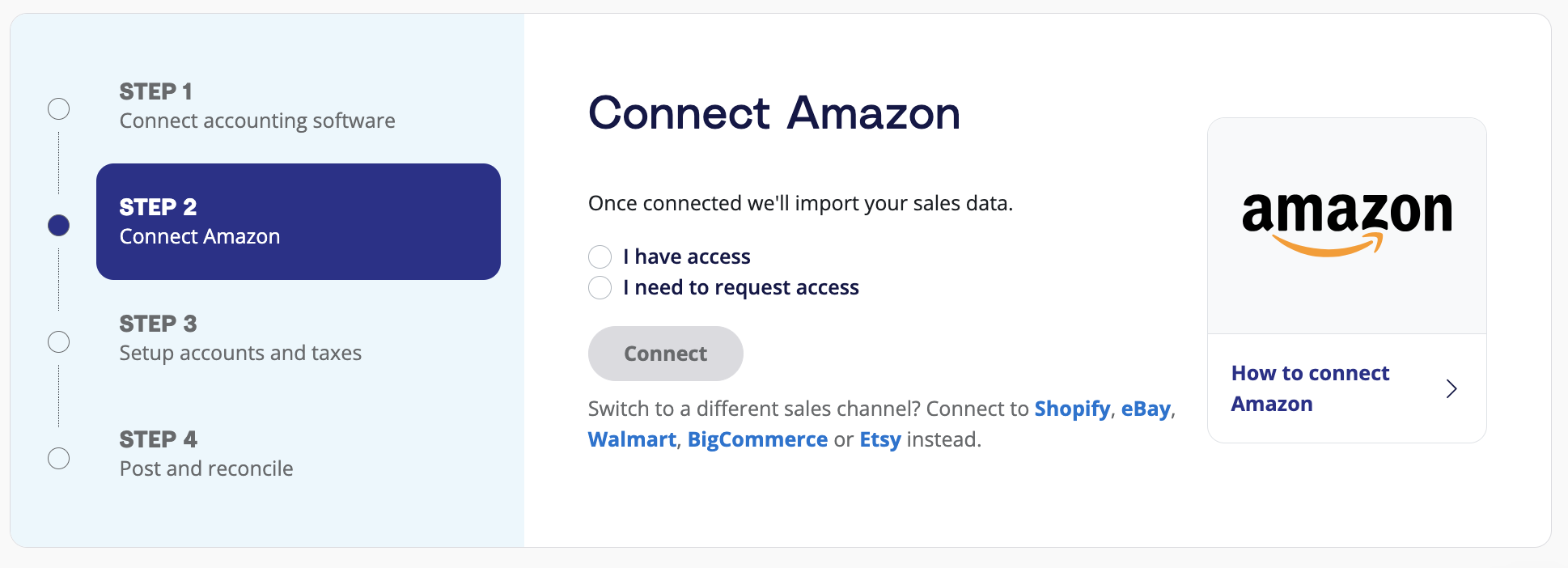 Connect A2X to Amazon A prompt on the A2X dashboard to connect A2X to Amazon Seller Central.