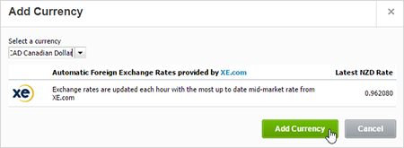 Screenshot showing how to successfully add a currency in Xero