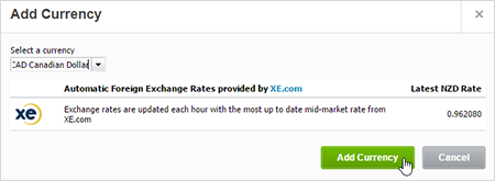 Adding currency in Xero Screenshot showing how to successfully add a currency in Xero