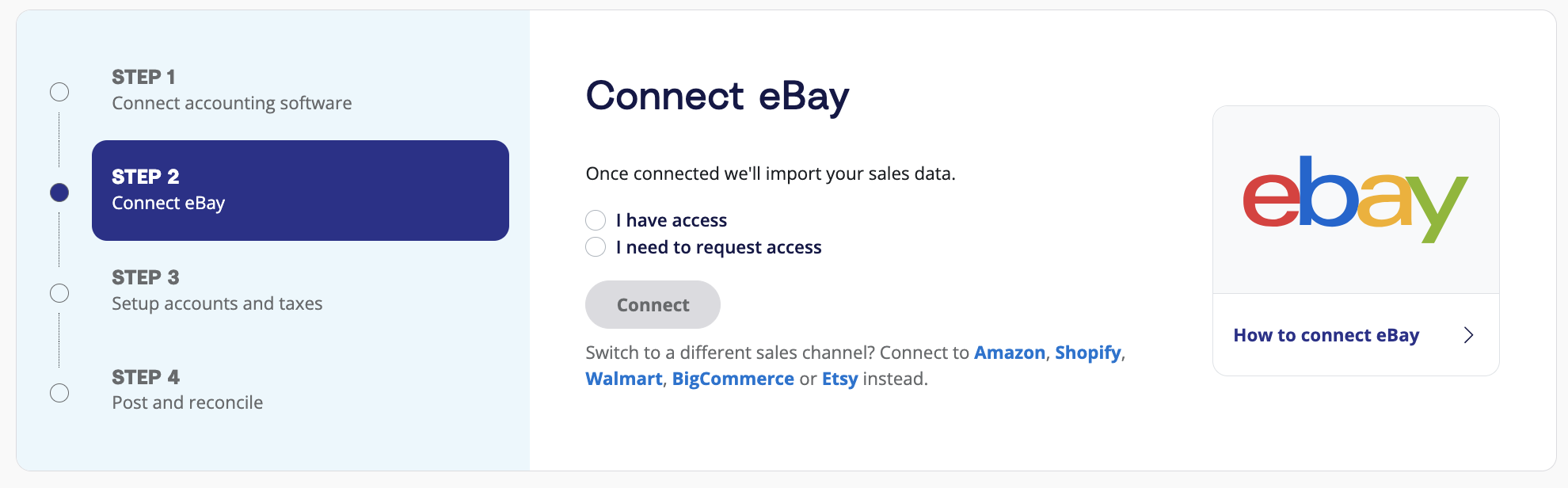 A prompt on the A2X dashboard to connect A2X to eBay
