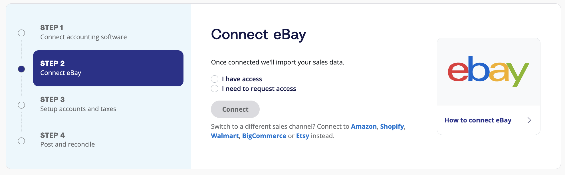 Connect to eBay A Prompt in the A2X dashboard to connect A2X to eBay.