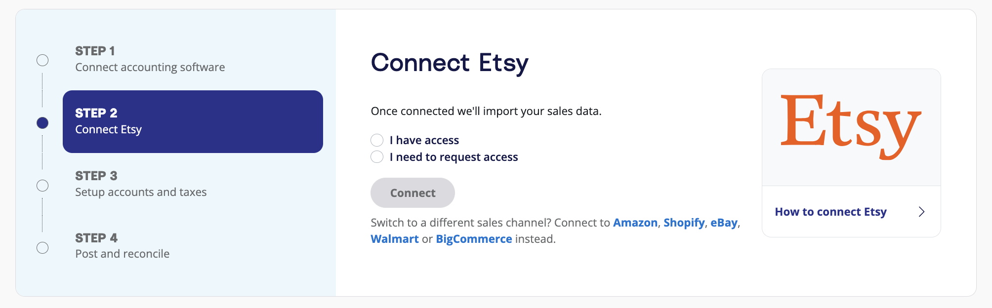 A prompt on the A2X dashboard to connect A2X to Etsy