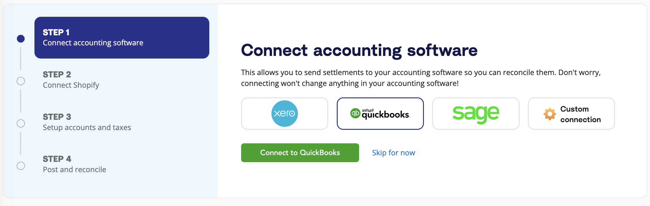 A prompt on the A2X dashboard to connect A2X to your accounting software (e.g., QuickBooks Online).