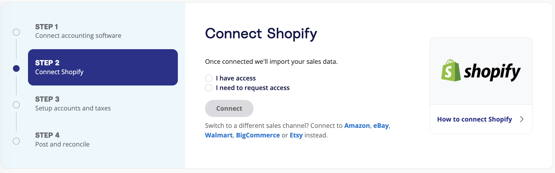 A prompt on the A2X dashboard to connect A2X to Shopify.