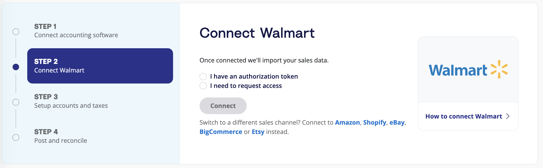 A prompt on the A2X dashboard to connect A2X to Walmart Seller Center