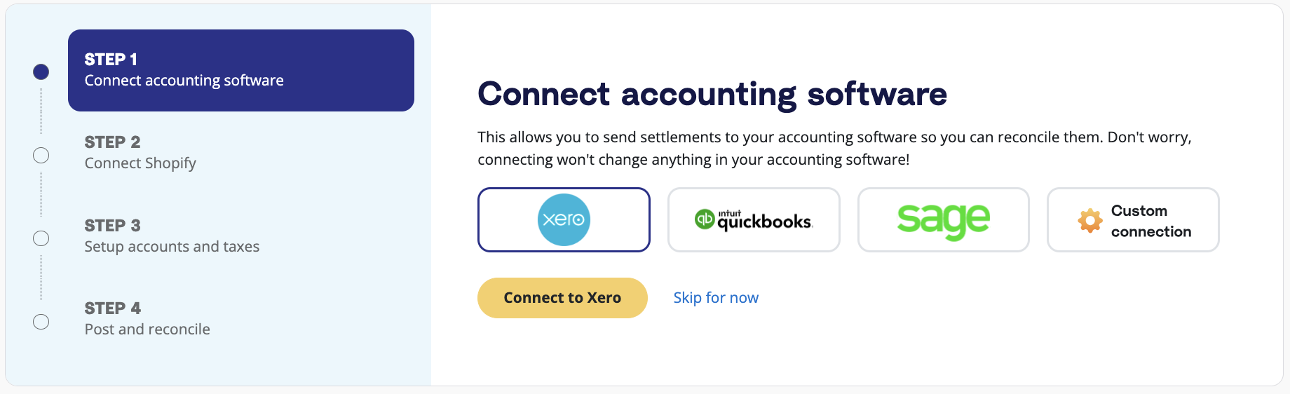 A prompt on the A2X dashboard to connect to Xero.