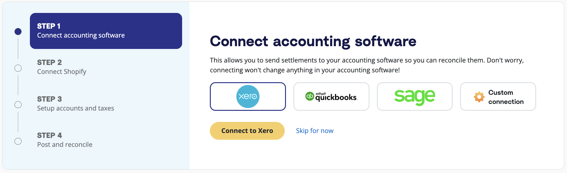 A prompt on the A2X dashboard to connect A2X to Xero.