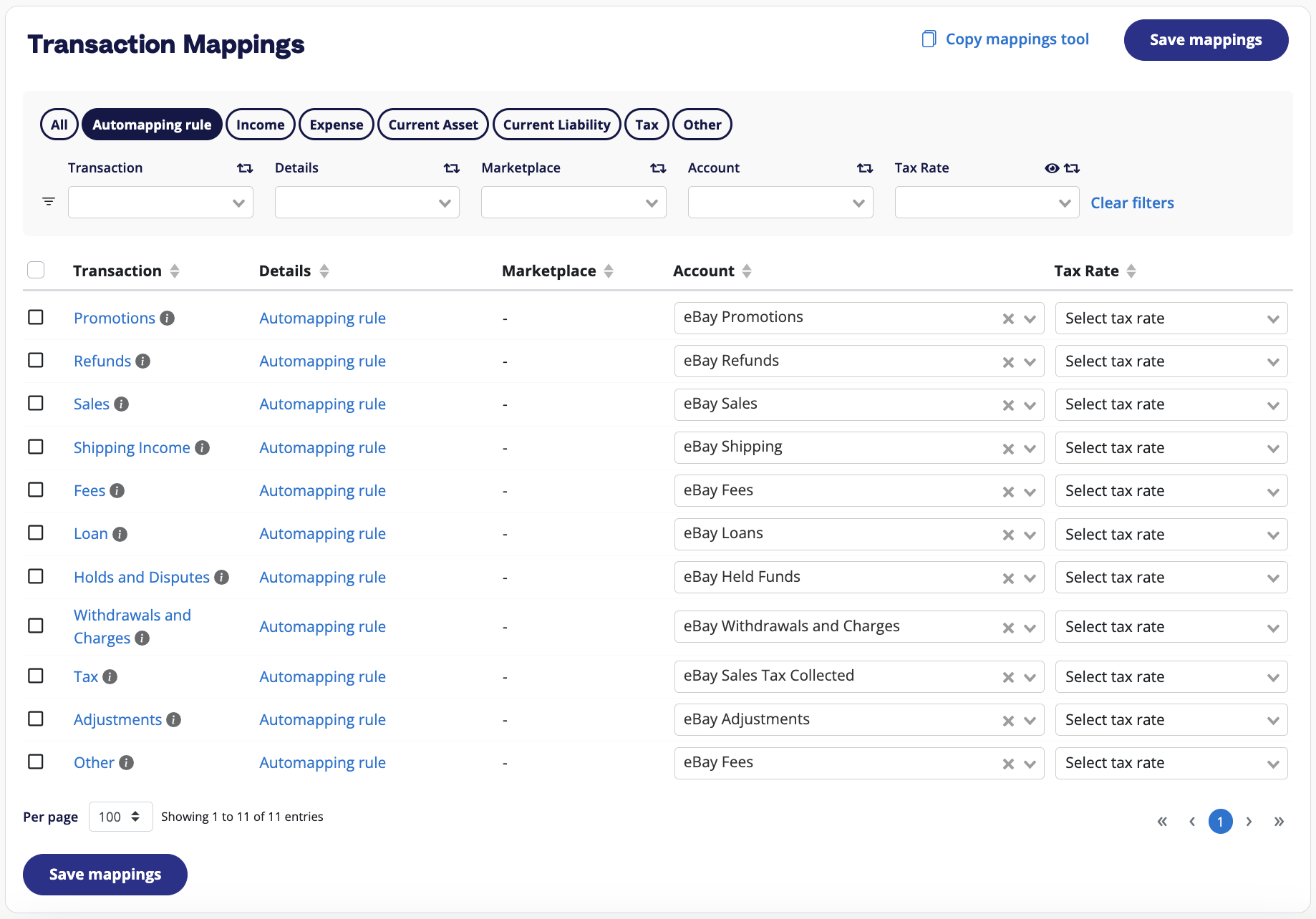 The A2X accounts and tax mapping page, with a column showing transaction types, and other columns showing which accounts and tax rates that can correspond with each transaction type during the mapping process.