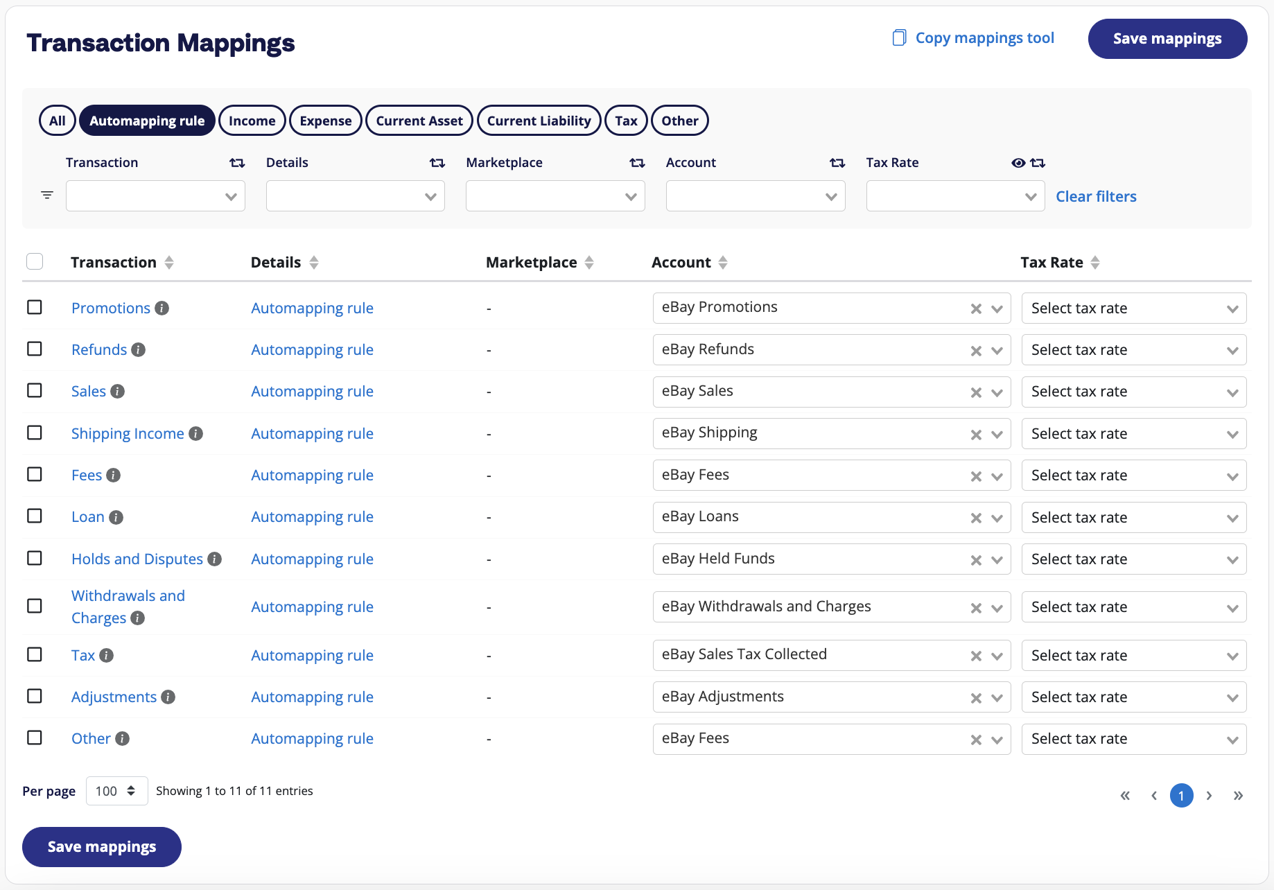The A2X Accounts and Tax Mapping Page The A2X Accounts and Tax Mapping Page