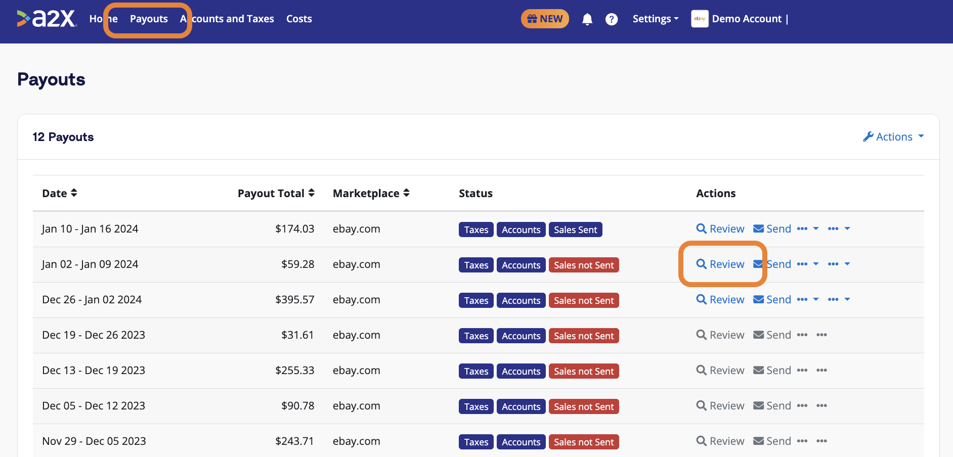 The A2X Payouts tab, where users can review the eBay payouts fetched by A2X.