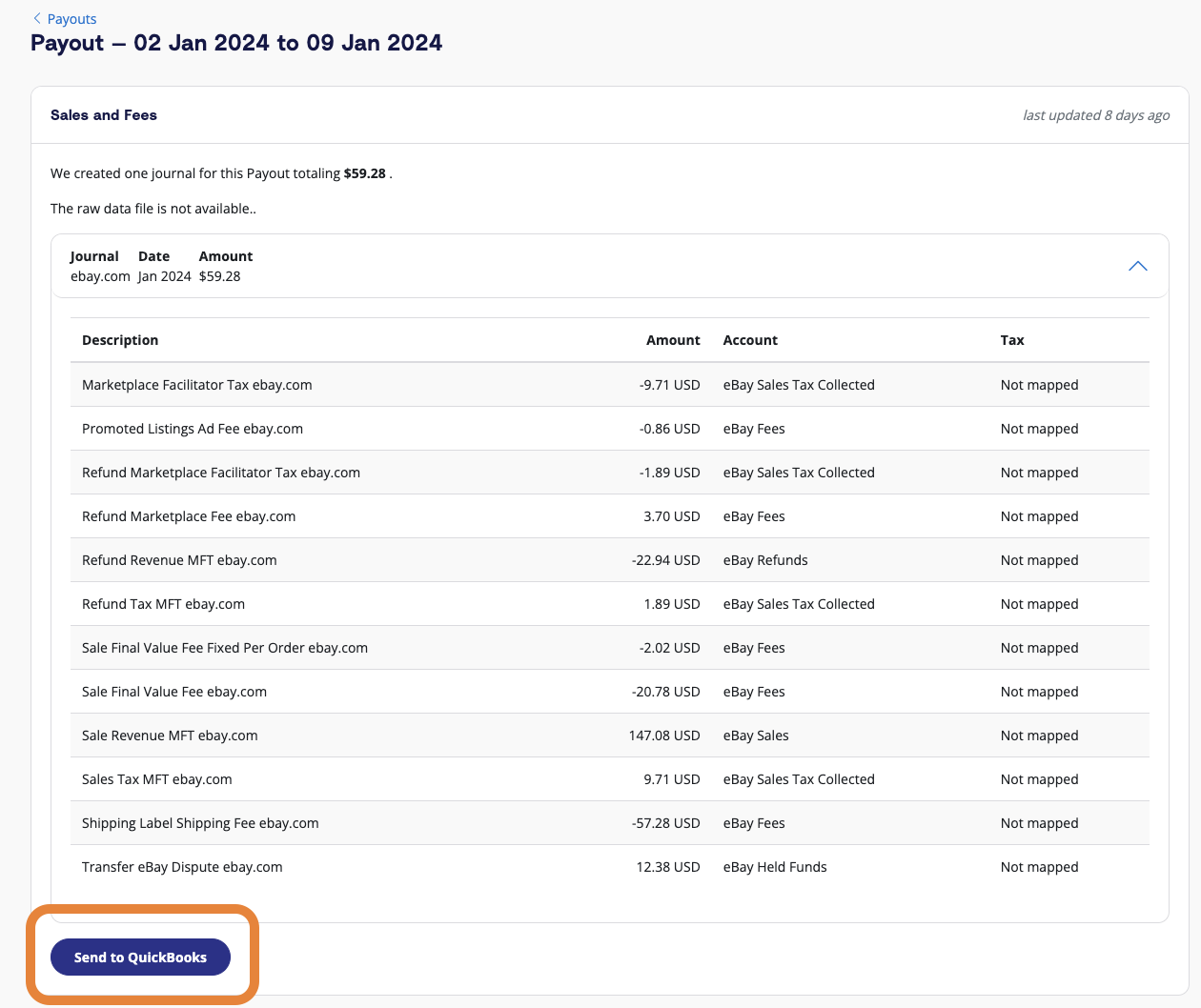 Review an eBay payout, then send to QuickBooks Click the dropdown arrow to review the payout and see how A2X has categorized the transaction. Click the 'Send to QuickBooks' button when ready.