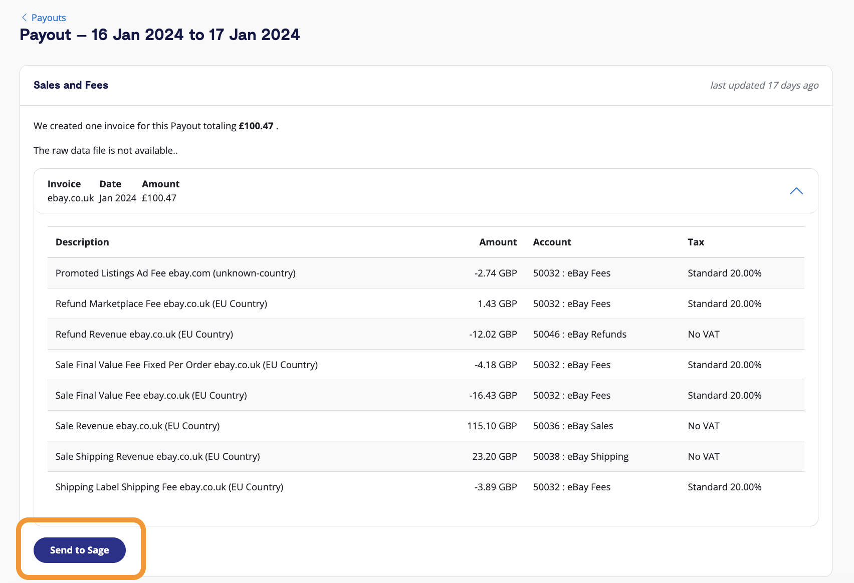 Review and send an eBay payout from A2X to Sage How A2X users can click into a payout and click the 'Send to Sage' button to send the payout data to Sage.