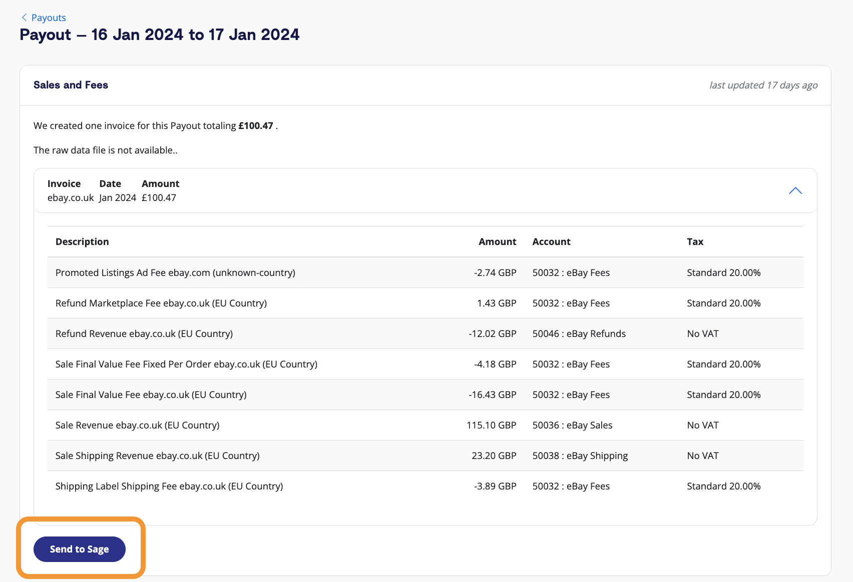 How A2X users can click into a payout and click the 'Send to Sage' button to send the payout data to Sage.