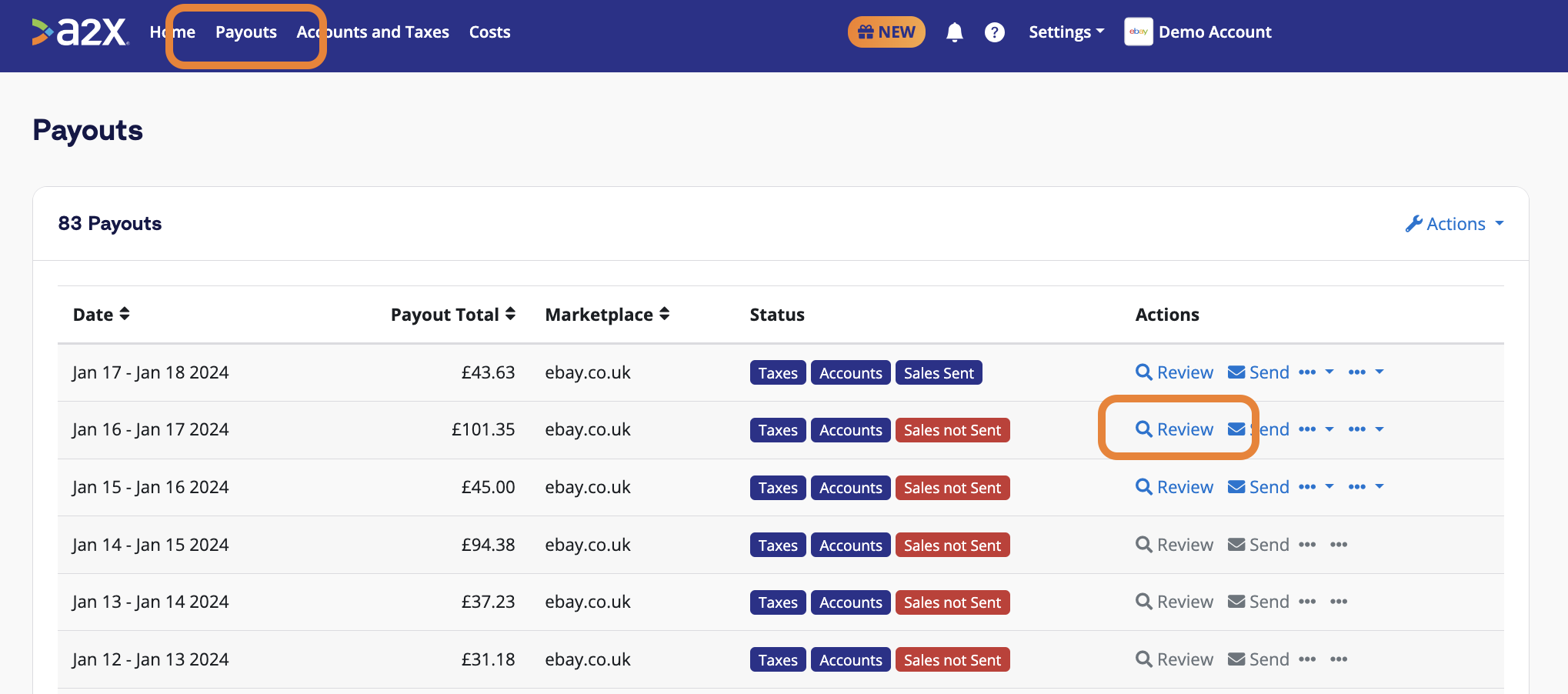 The A2X payouts page, with callouts showing how to navigate to the page and how to click 'Review' to view payout details.
