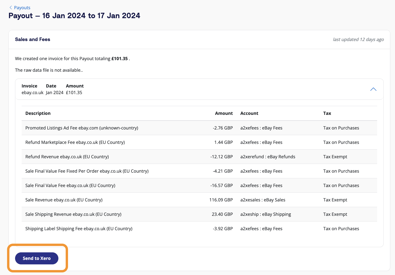 A screenshot of how to review payout details in A2X, with an indication over the 'Send to Xero' button