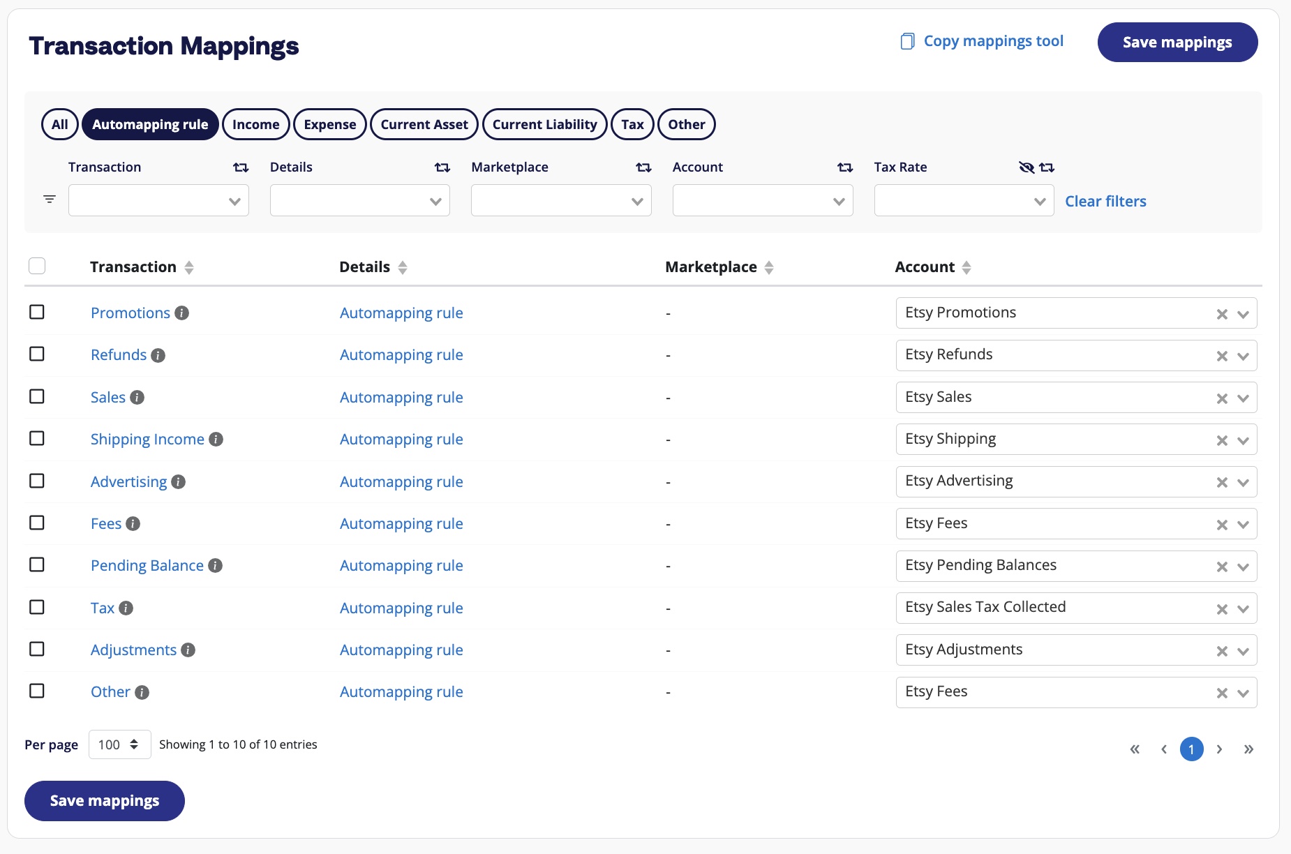 The A2X Accounts & Taxes Mapping page The A2X Accounts and Taxes Mapping page, which allows users to map transaction types in the first column to accounts and taxes (in the fourth and fifth columns, respectively)