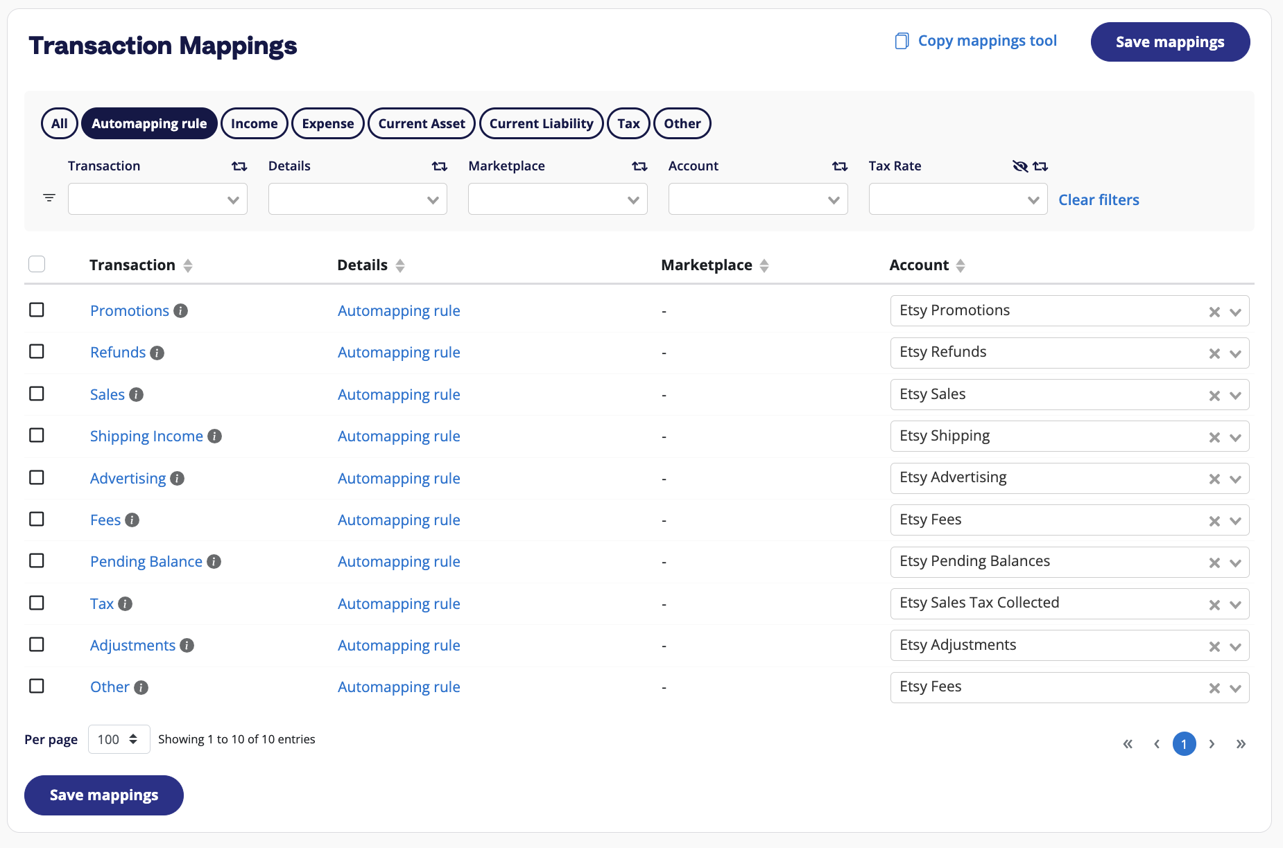 The A2X Accounts and Taxes Mapping page, which allows users to map transaction types in the first column to accounts and taxes (in the fourth and fifth columns, respectively)