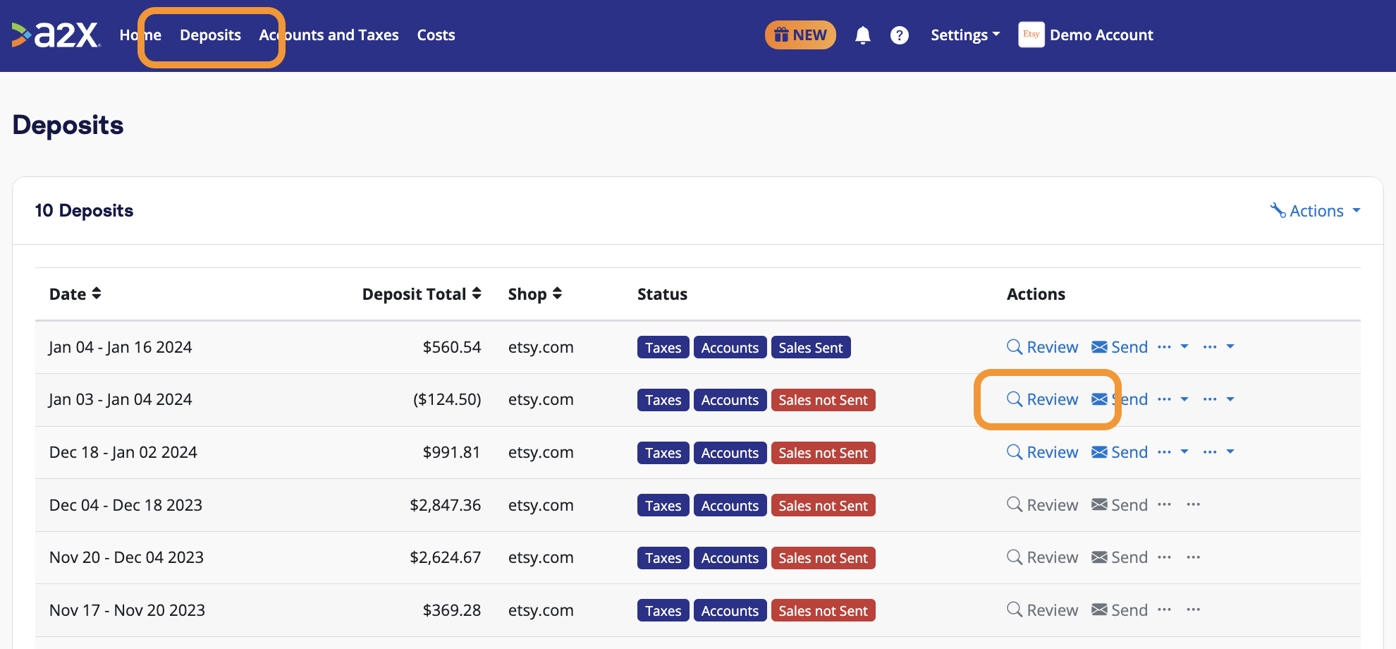 The A2X Despoits tab, with an indication over the 'Review' button, where users can review how A2X has categorized an Etsy deposit