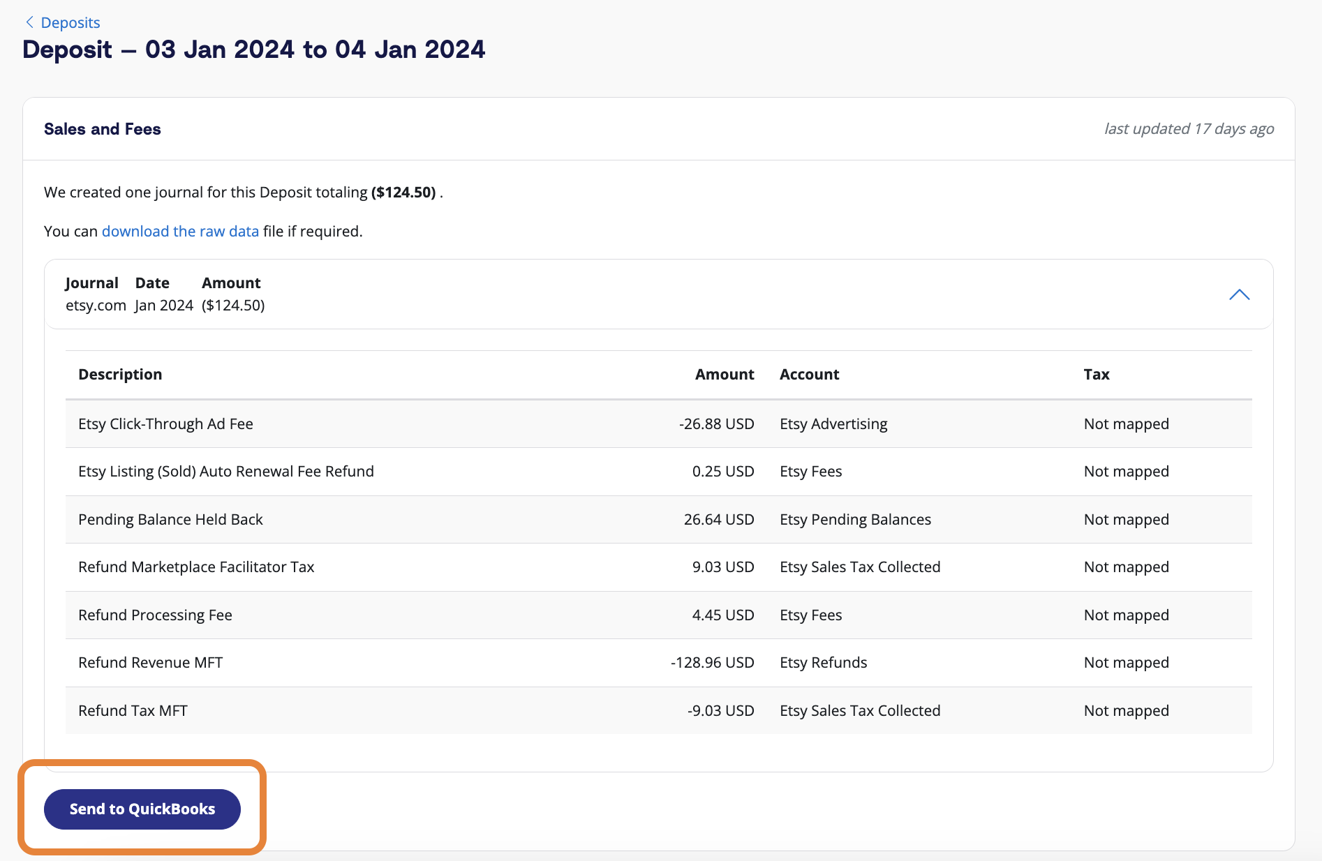 How a user can review how A2X has categorized a deposit, with an indication over the 'Send to QuickBooks' button