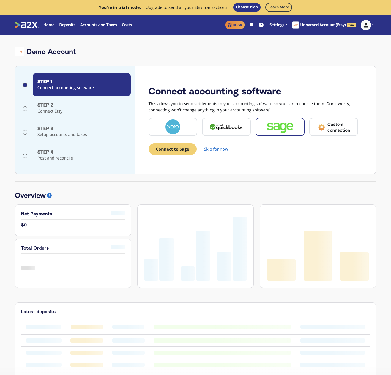 The A2X Dashboard The A2X dashboard in "free trial mode"