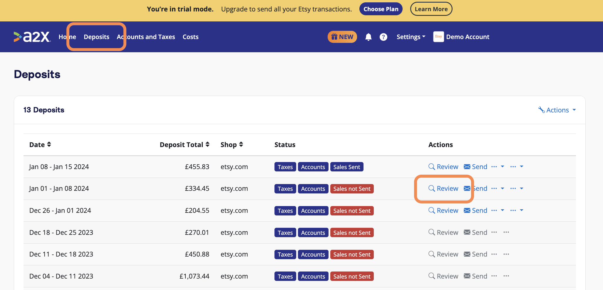 The A2X 'Deposits' Tab Click on the 'Deposits' tab in A2X, then click on 'Review' to see how A2X has mapped the transactions making up an Etsy deposit.