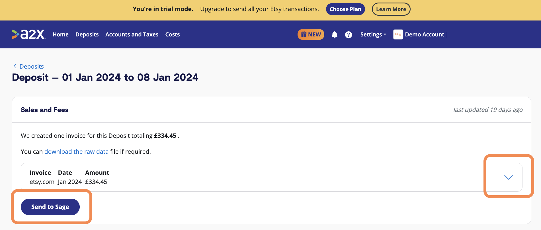 Review a Deposit and Send to Sage Review an A2X deposit by clicking on the drop down arrow. When you're ready, click the 'Send to Sage' button.