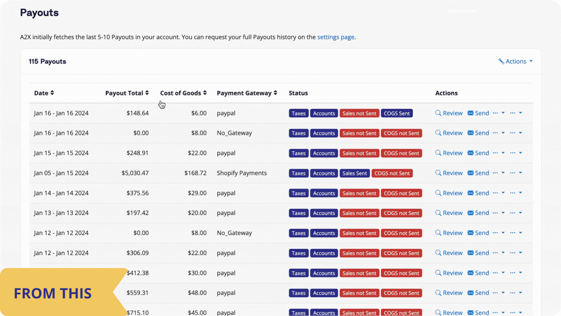 A2X Payouts/Settlements page filters and bulk actions