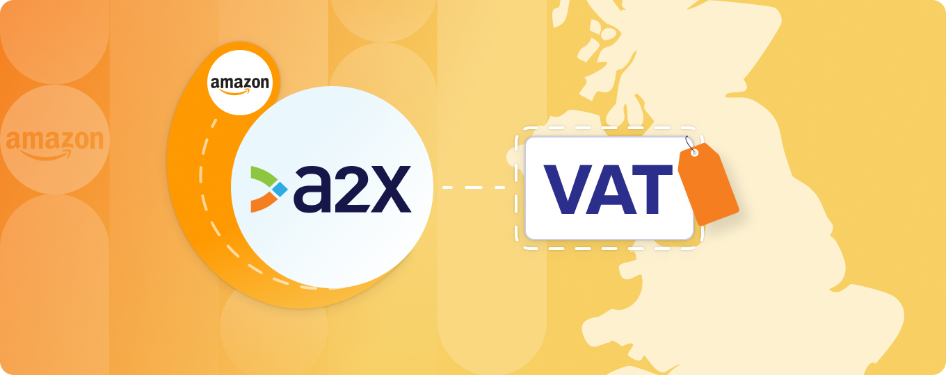 How to set up A2X for Amazon VAT An illustration with the Amazon and A2X logos, and VAT with a price tag
