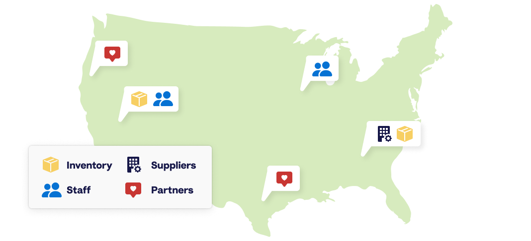 how sales tax works An infograph of the US showing inventory, suppliers, staff, and partners spread across the country