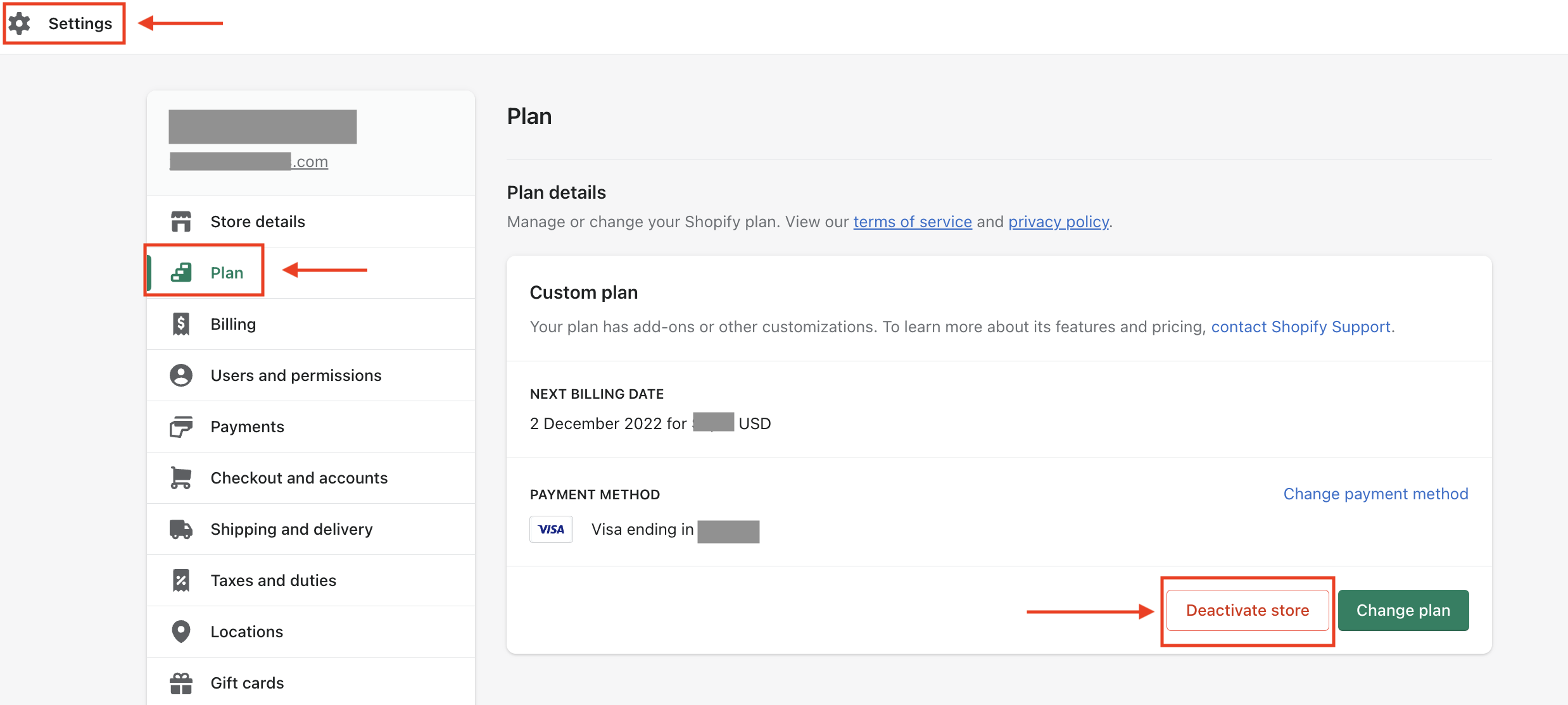 A screenshot showing how to deactivate a Shopify store, go to Settings > Plan > Deactivate store