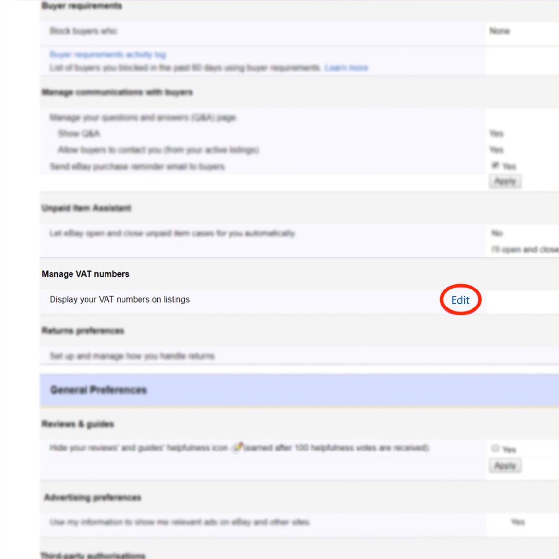 A screenshot of where to add your VAT number in the "Manage VAT numbers" section on eBay