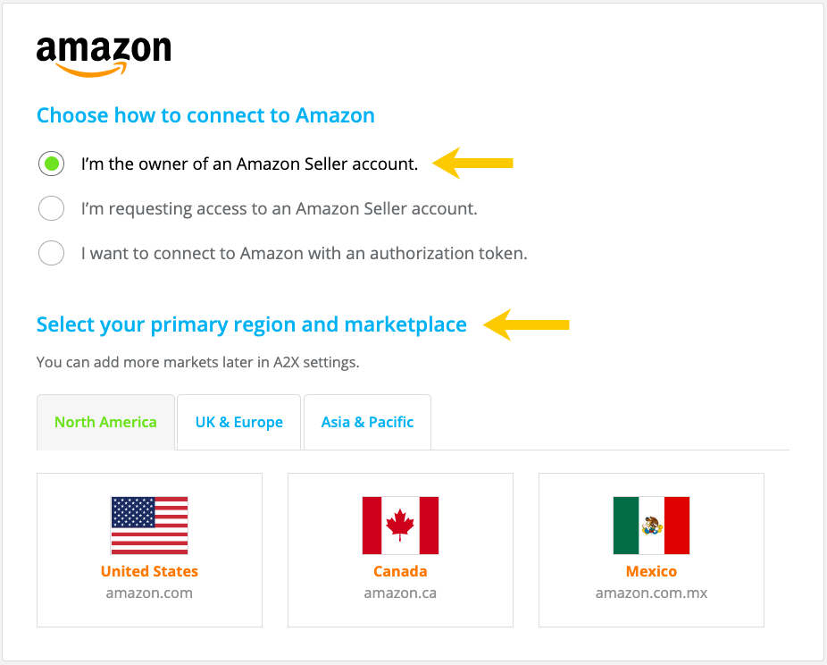 A screenshot of how to connect A2X to Amazon including telling A2X which region you sell in
