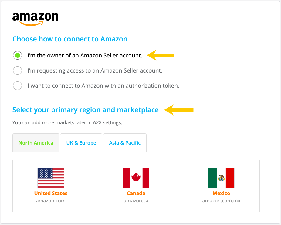 Connecting Amazon to A2X A screenshot of how to connect A2X to Amazon including telling A2X which region you sell in