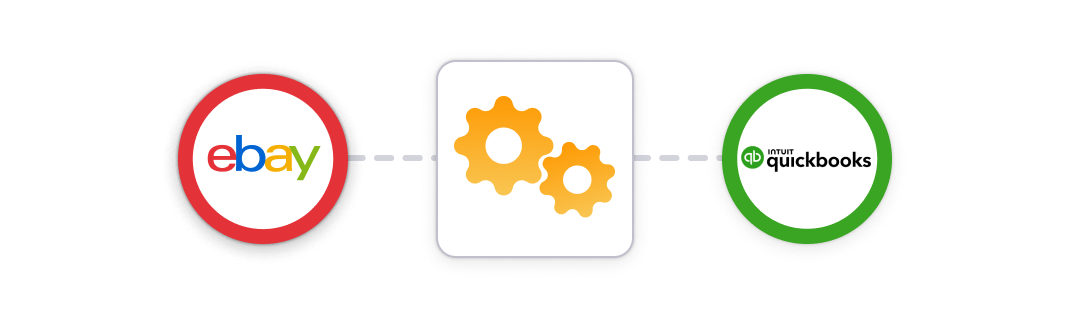 Manually enter eBay transactions into QBO A conceptual illustration with gears between the eBay and QBO logos to indicate manual data entry.