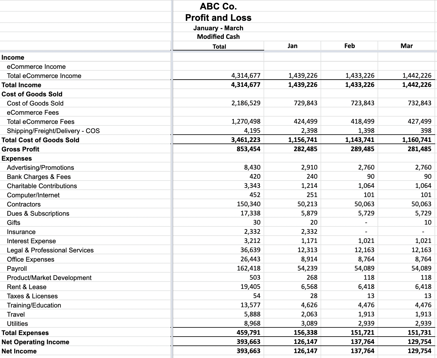 Modified cash basis profit and loss statement