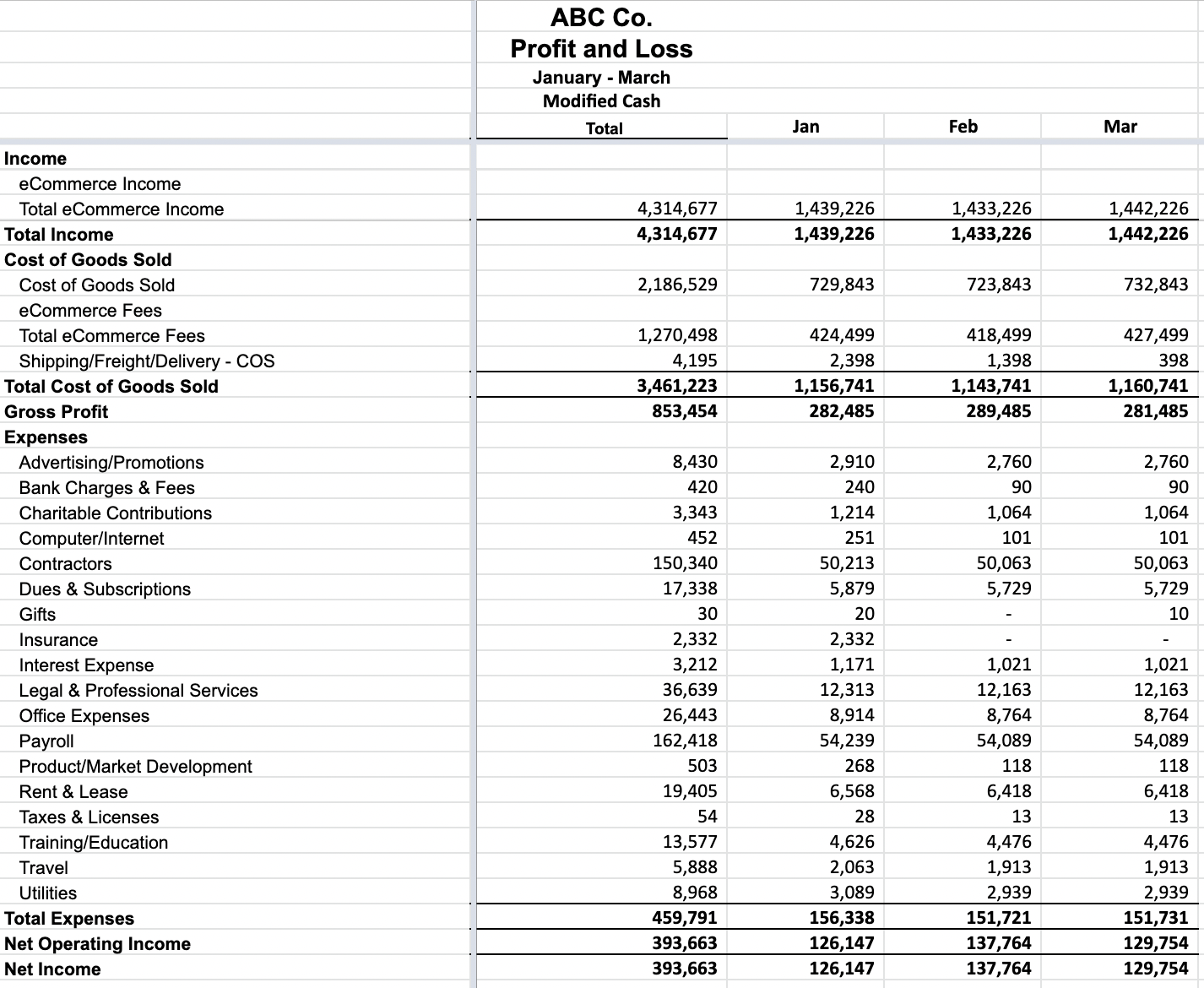 An example of a modified cash financial statement