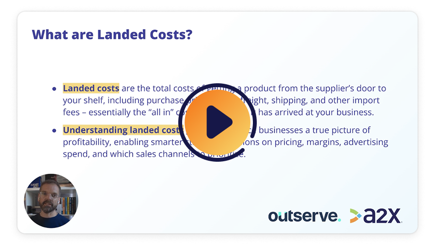 A screenshot from the 'Landed Cost Breakdown for Ecommerce' video with a 'play' button overlay